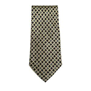 Handmade Vintage 100% Silk Geometric Pattern Navy Gold Preppy Formal Tie Necktie